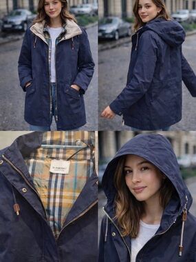 Burberry Navy Hooded Raincoat with Signature Check Lining